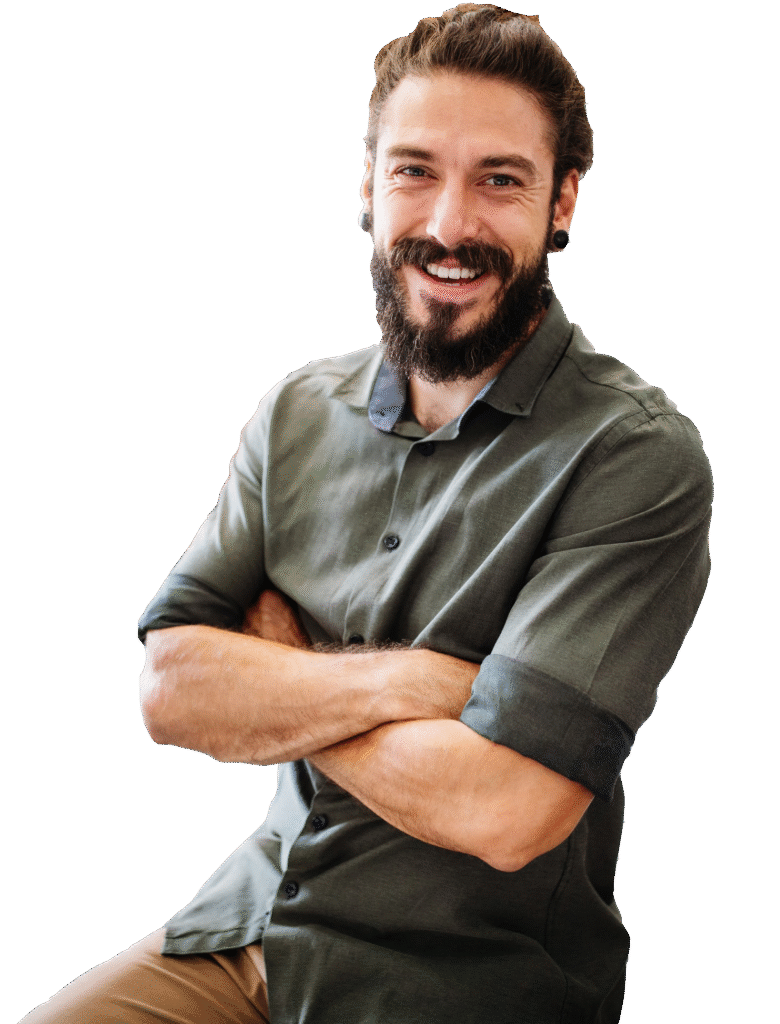 Bearded man smiling arms crossed professional